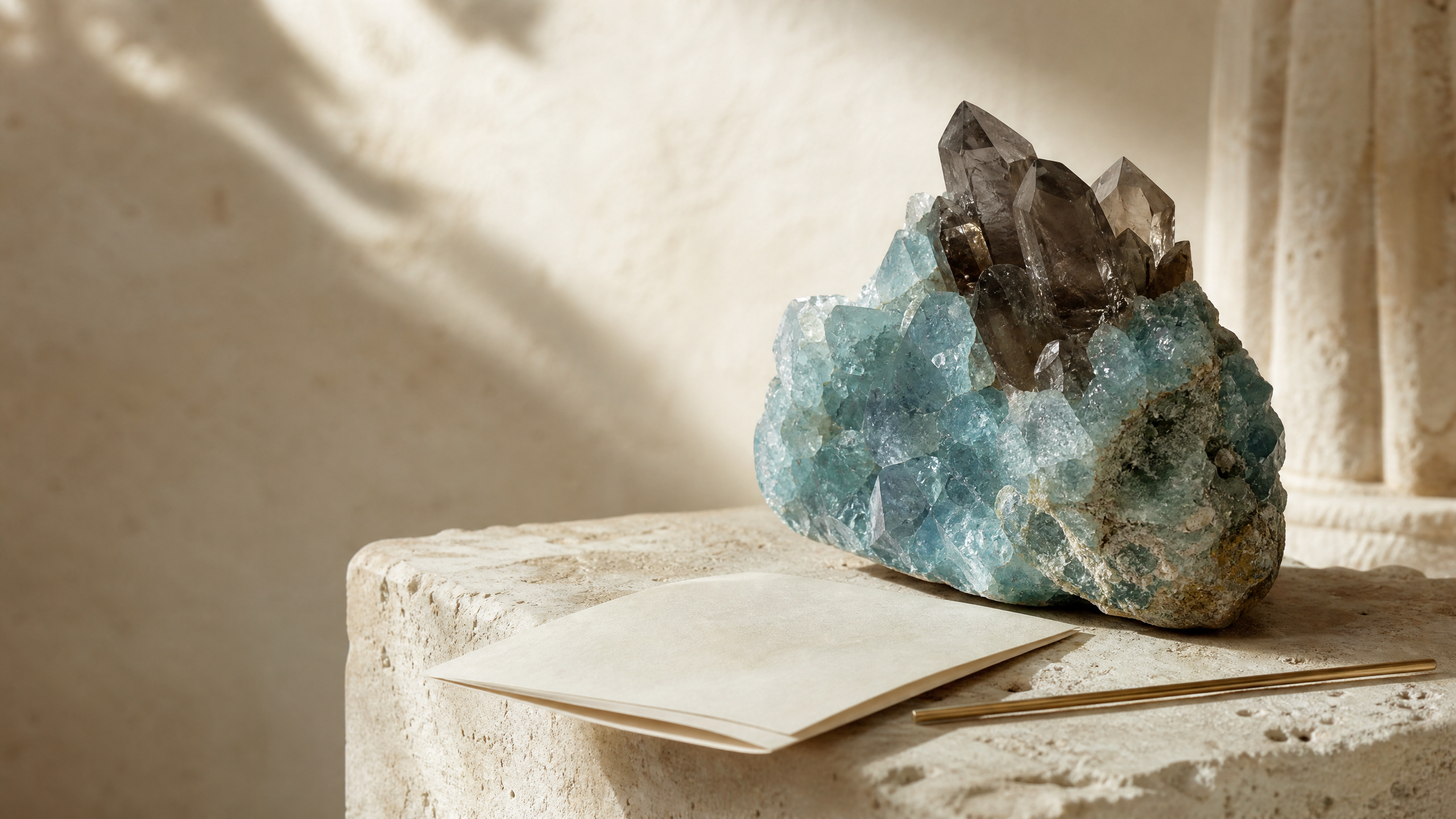 Blue-green mineral specimen resting on limestone